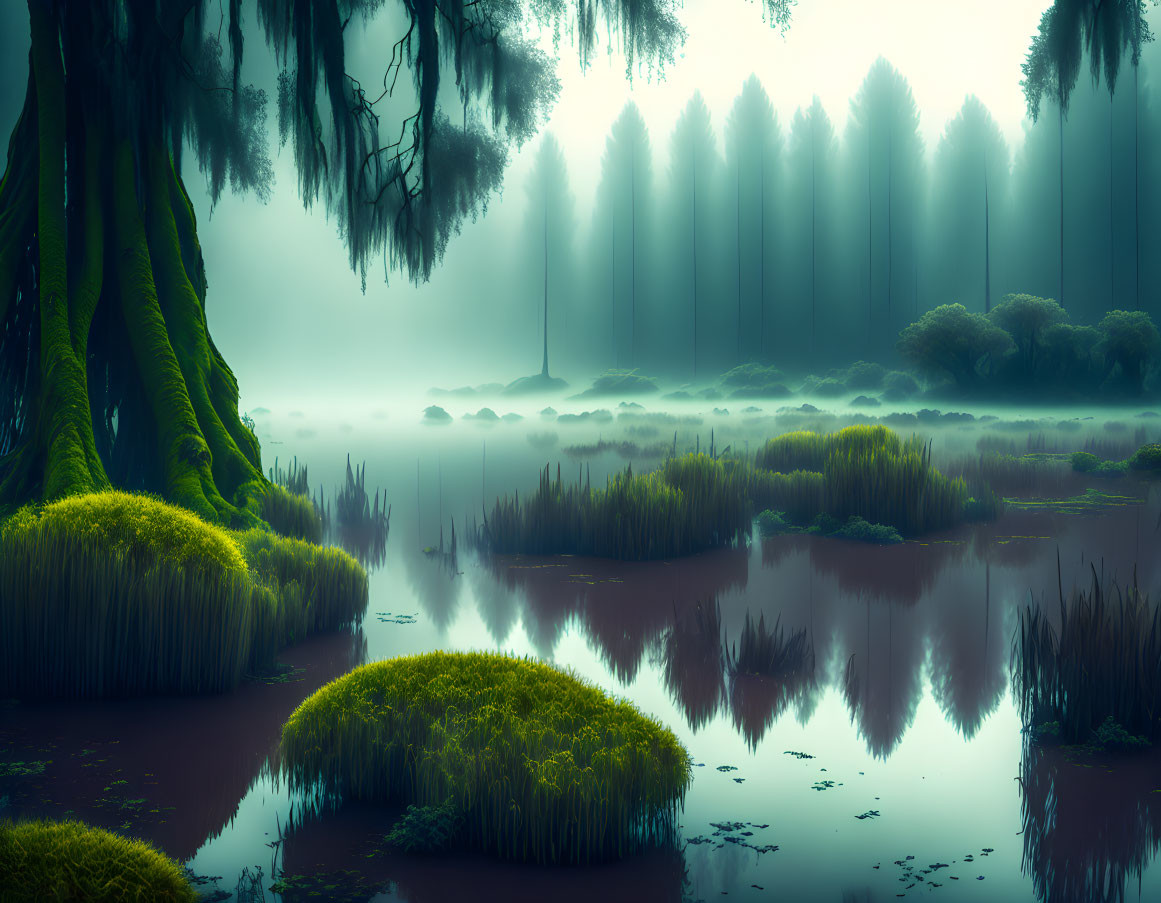 Tranquil misty swamp with reflective water and towering trees in foggy blue-green ambiance