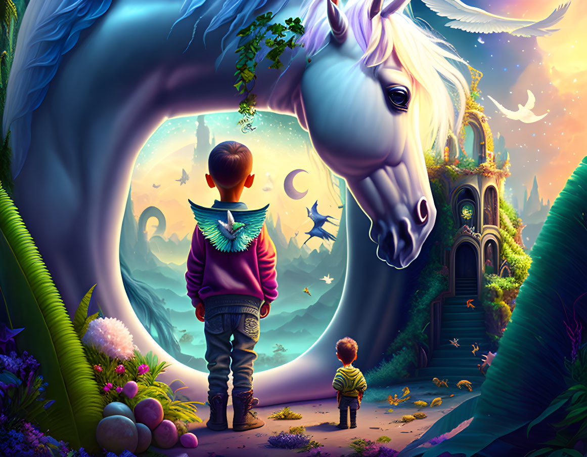 Children meet giant unicorn in magical forest with whimsical wildlife