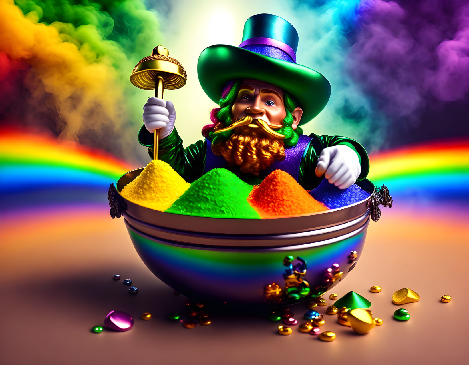 Colorful Leprechaun Scene with Pot of Gold and Rainbow