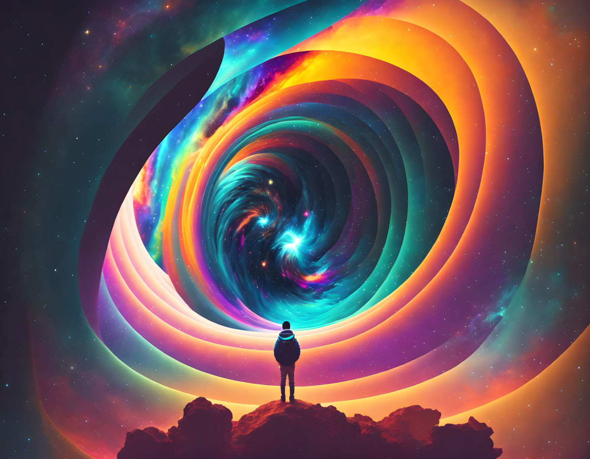 Person gazes at vibrant space vortex with cosmic colors.