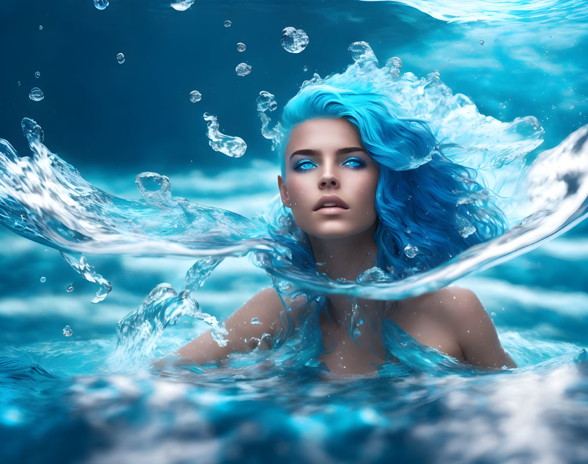 Vibrant Blue-Haired Woman Emerging from Water