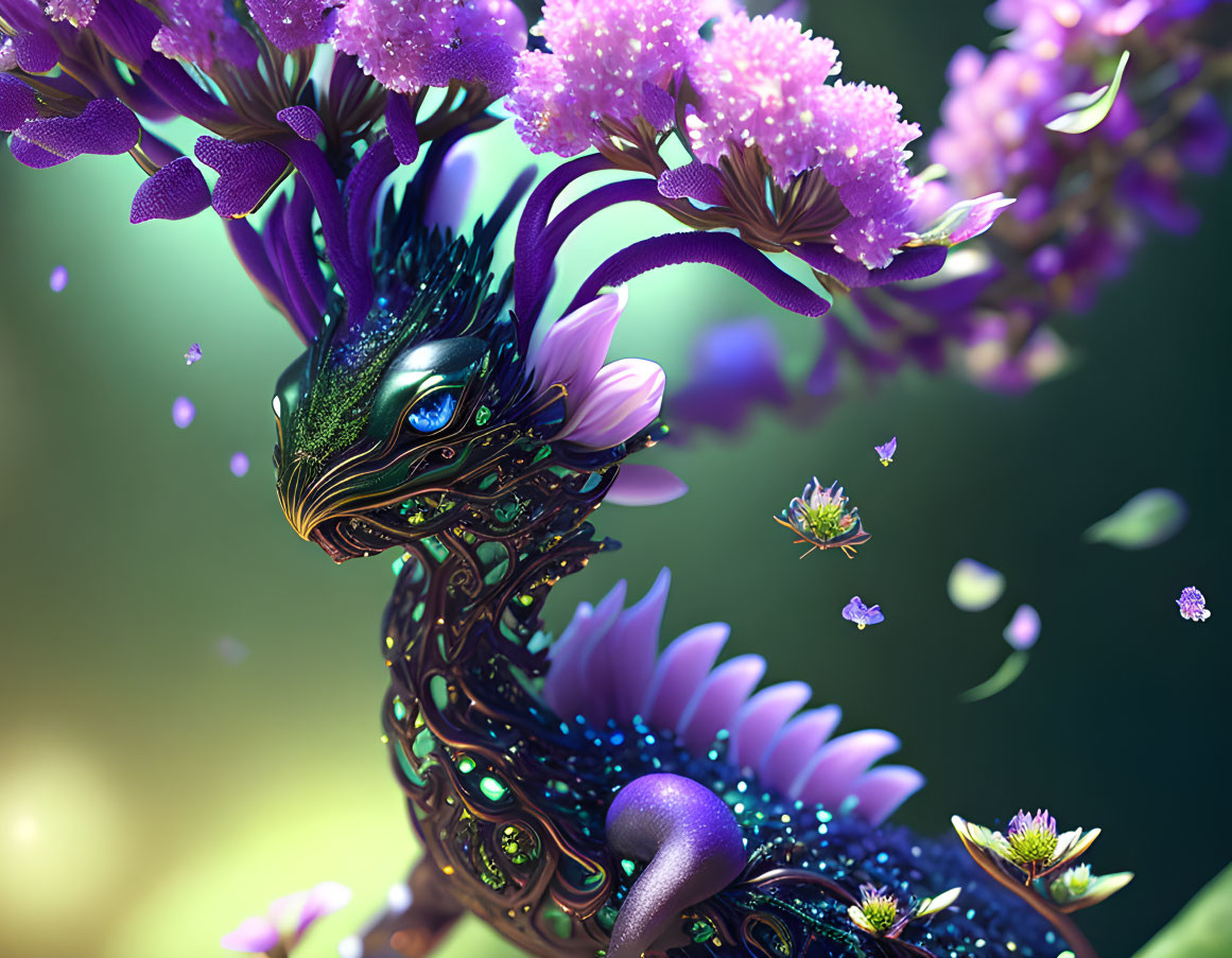 Mythical dragon digital artwork with purple flowers and scales