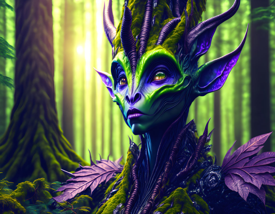 Digital Art: Mystical Forest Creature with Horns in Enchanted Woodland