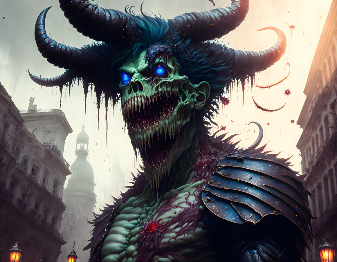 Monstrous creature with glowing blue eyes, large horns, sharp teeth in gloomy cityscape