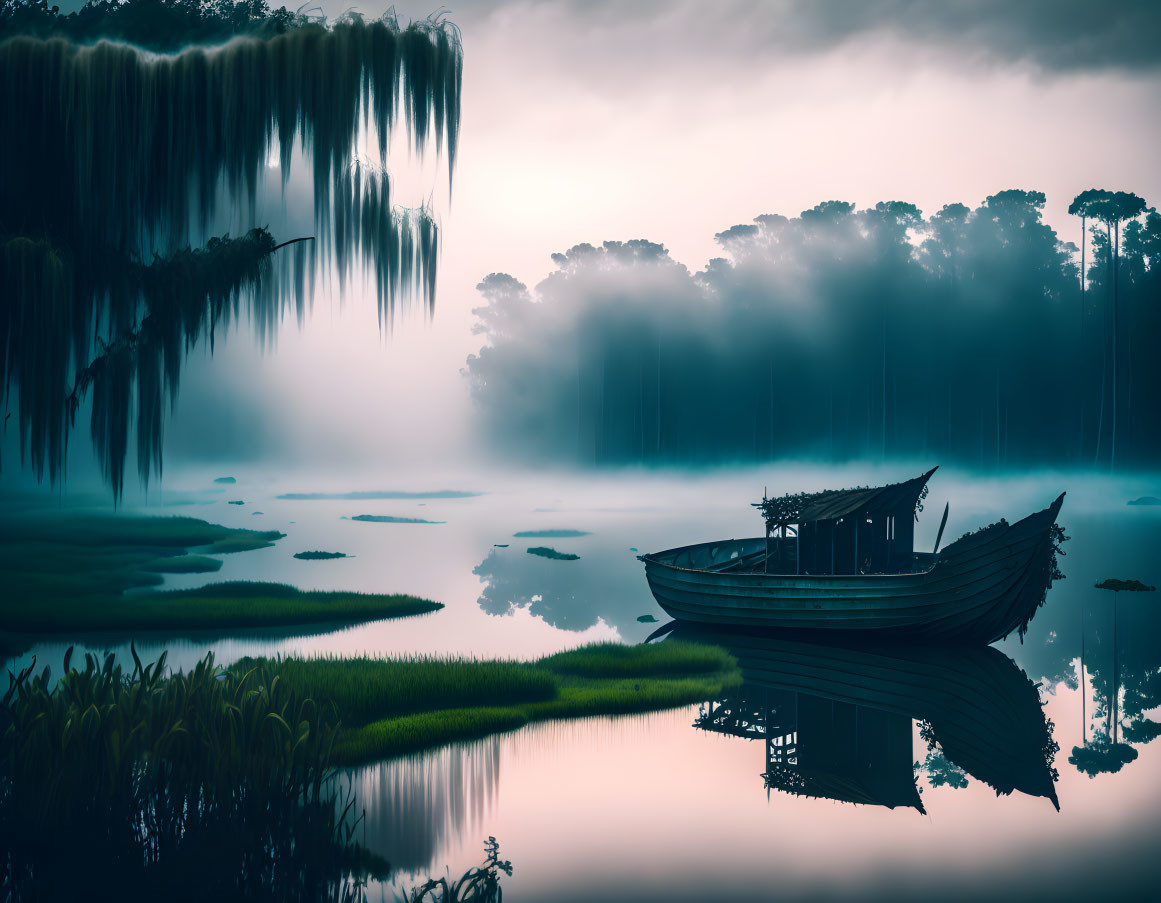 Traditional boat on still water surrounded by fog and weeping willows