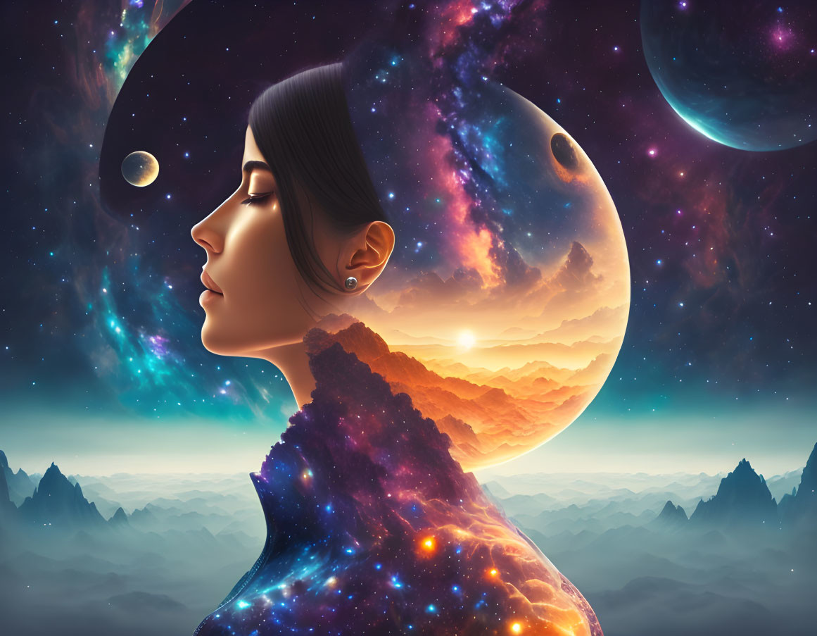 Surreal portrait blending woman with cosmic landscape & mountains.