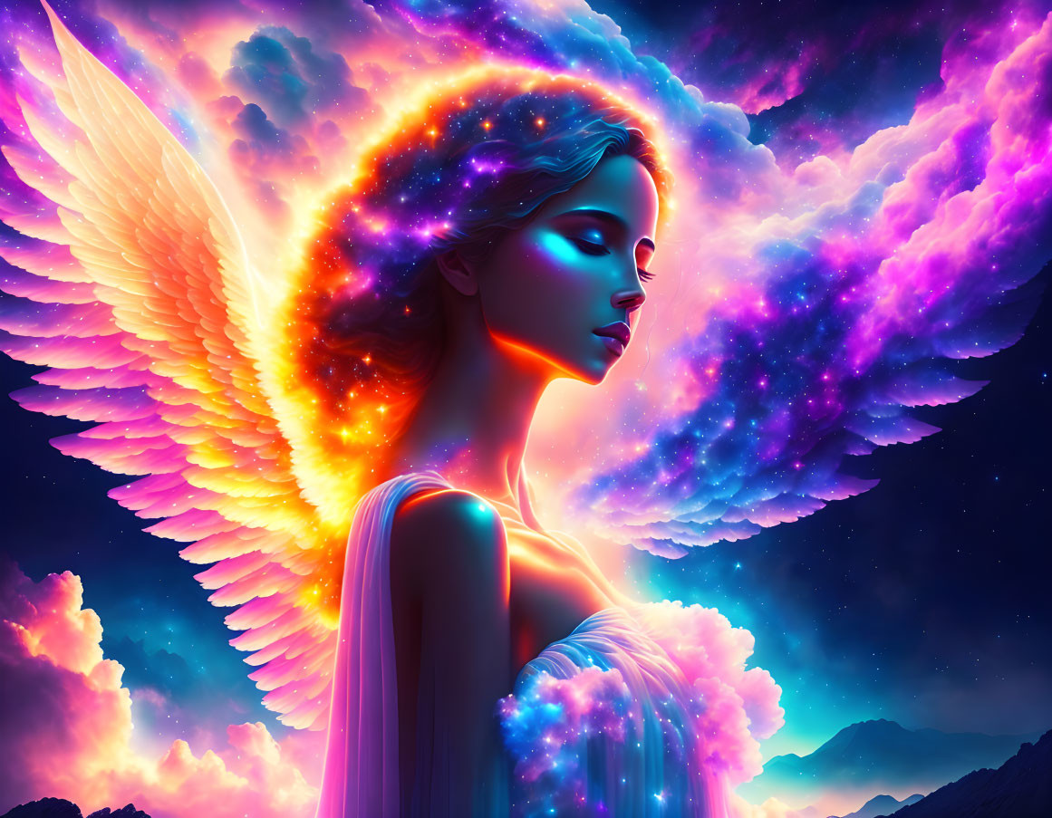 Celestial being with angel wings and cosmic halo in vibrant pink, purple, and blue hues