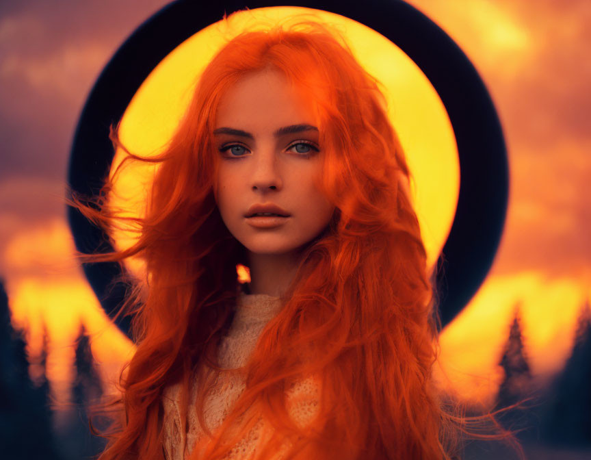 Woman with Red Hair and Blue Eyes in Black Hat Under Fiery Sunset Sky