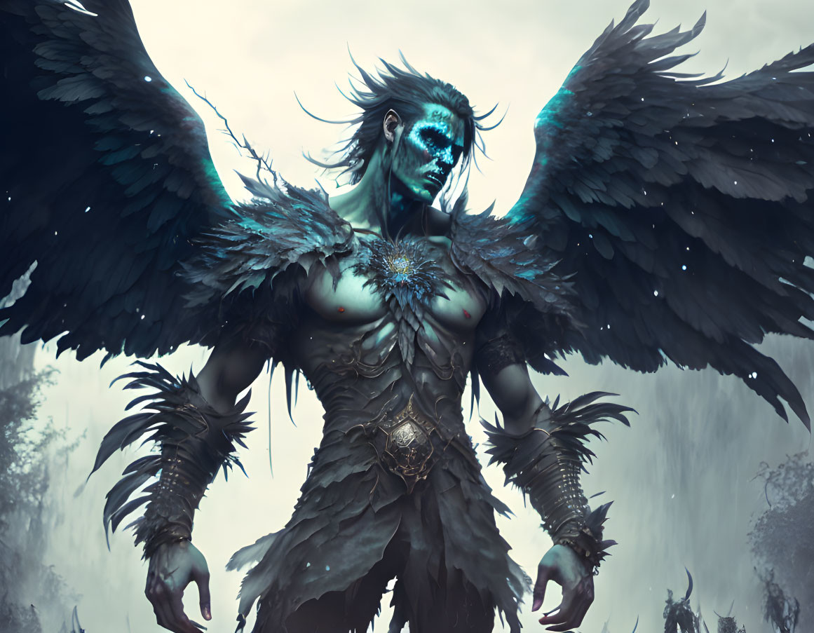 Mystical figure with glowing blue markings and black wings in misty setting