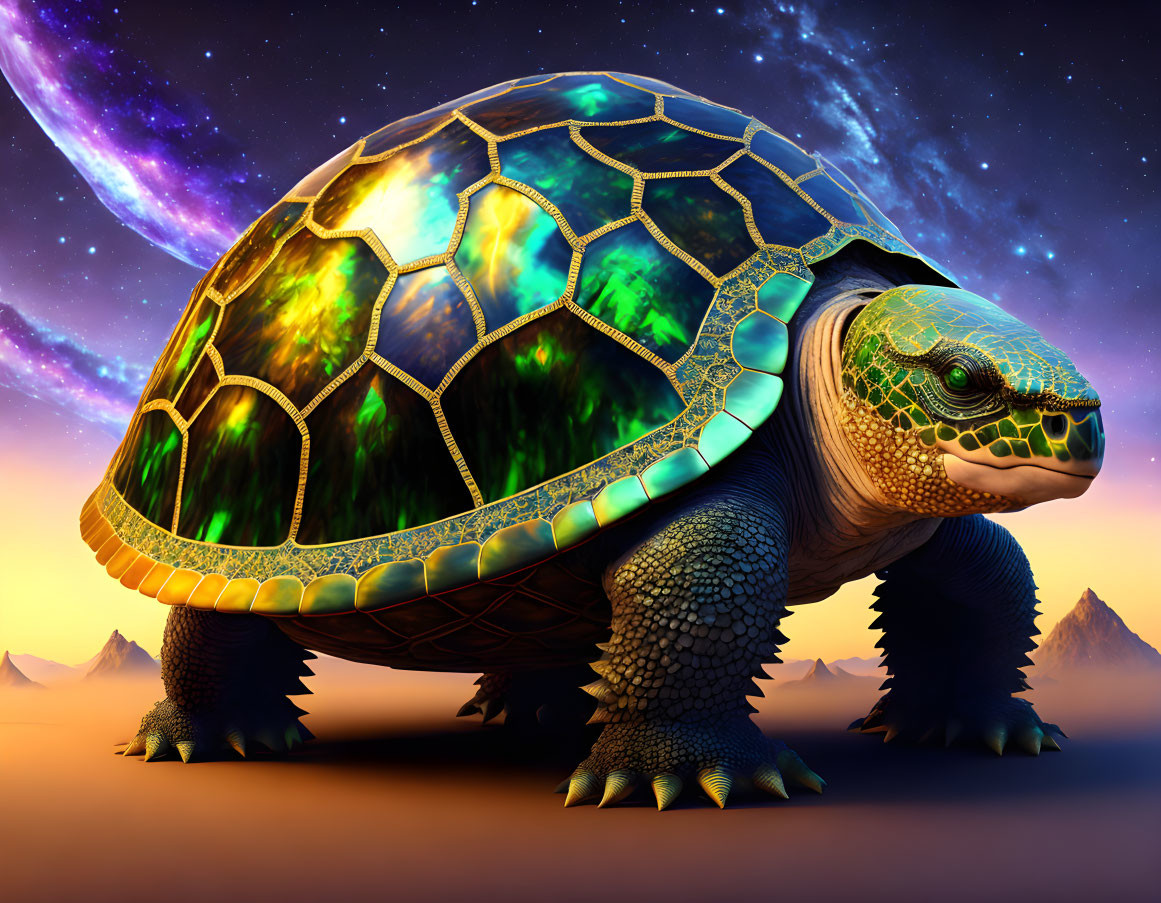 Fantastical turtle digital artwork with starry night sky shell.