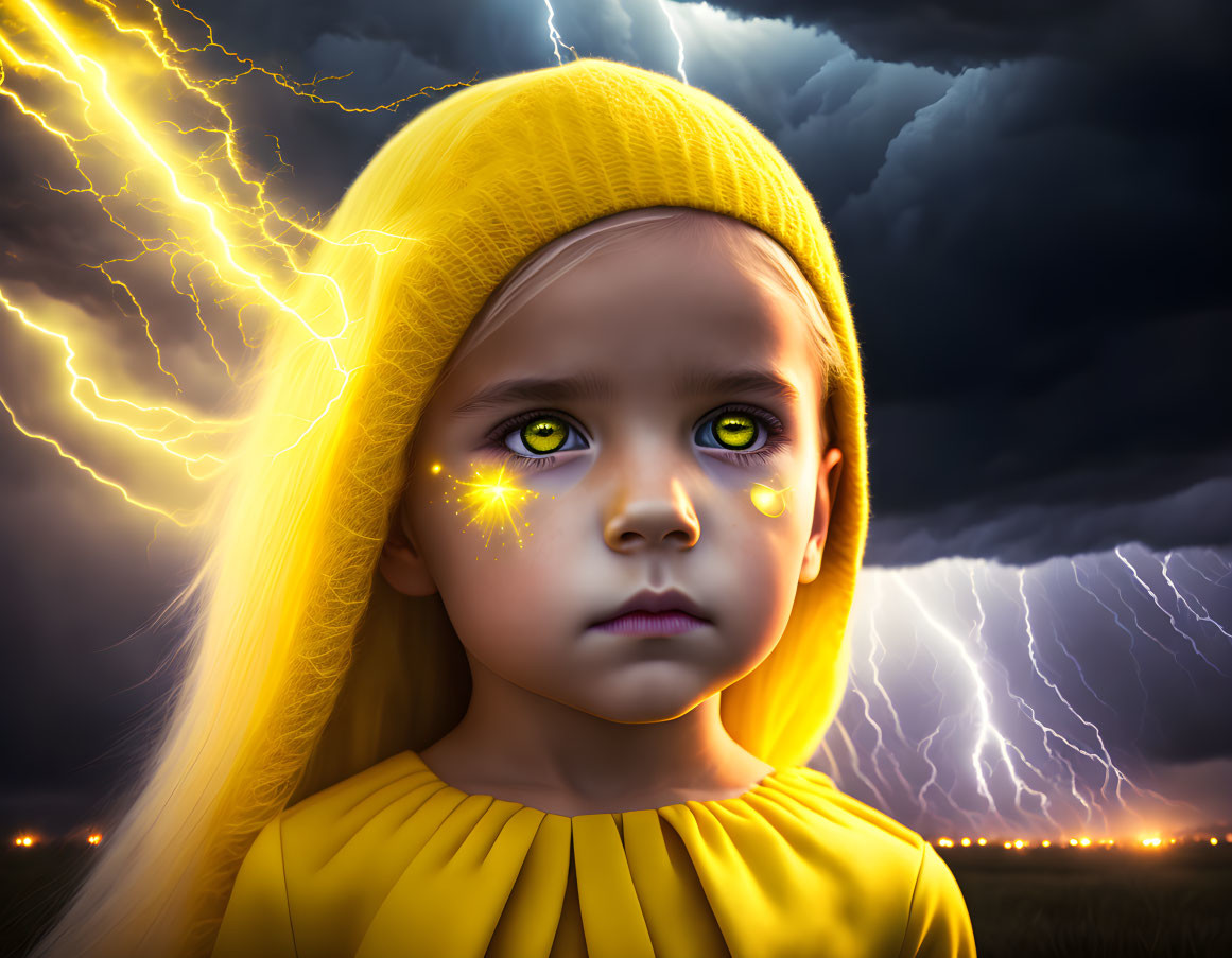 Young girl with yellow eyes in yellow beanie under stormy sky.