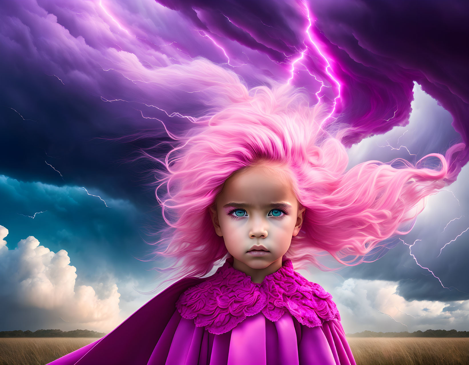 Vibrant pink-haired girl under stormy sky with lightning