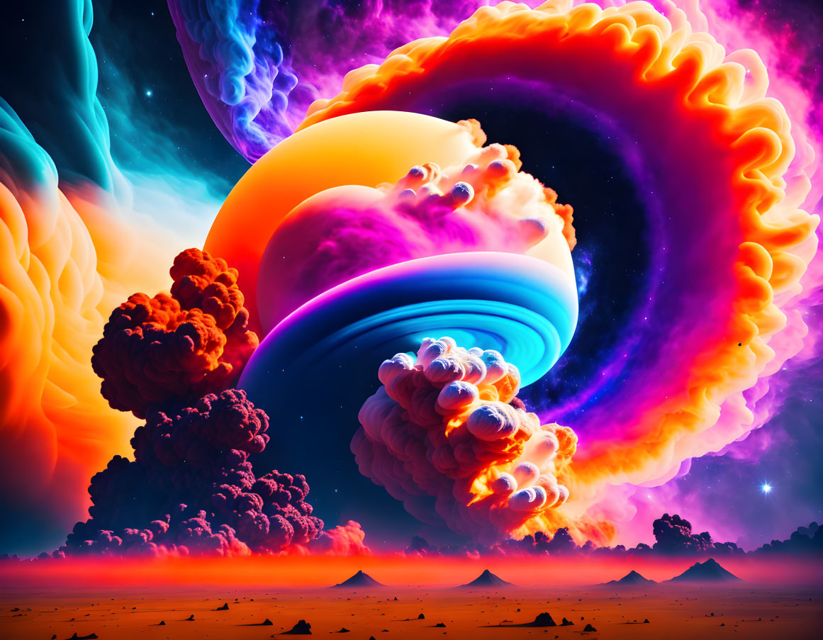 Colorful surreal landscape with fiery clouds and neon-lit sky