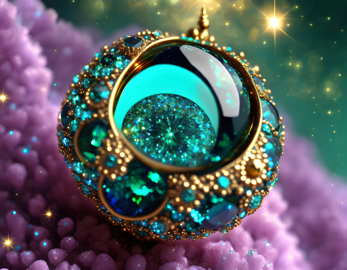 Fractal jewel with turquoise and gold details on cosmic background