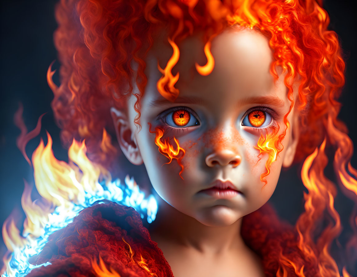 Fiery red-haired child digital artwork with mystical aura