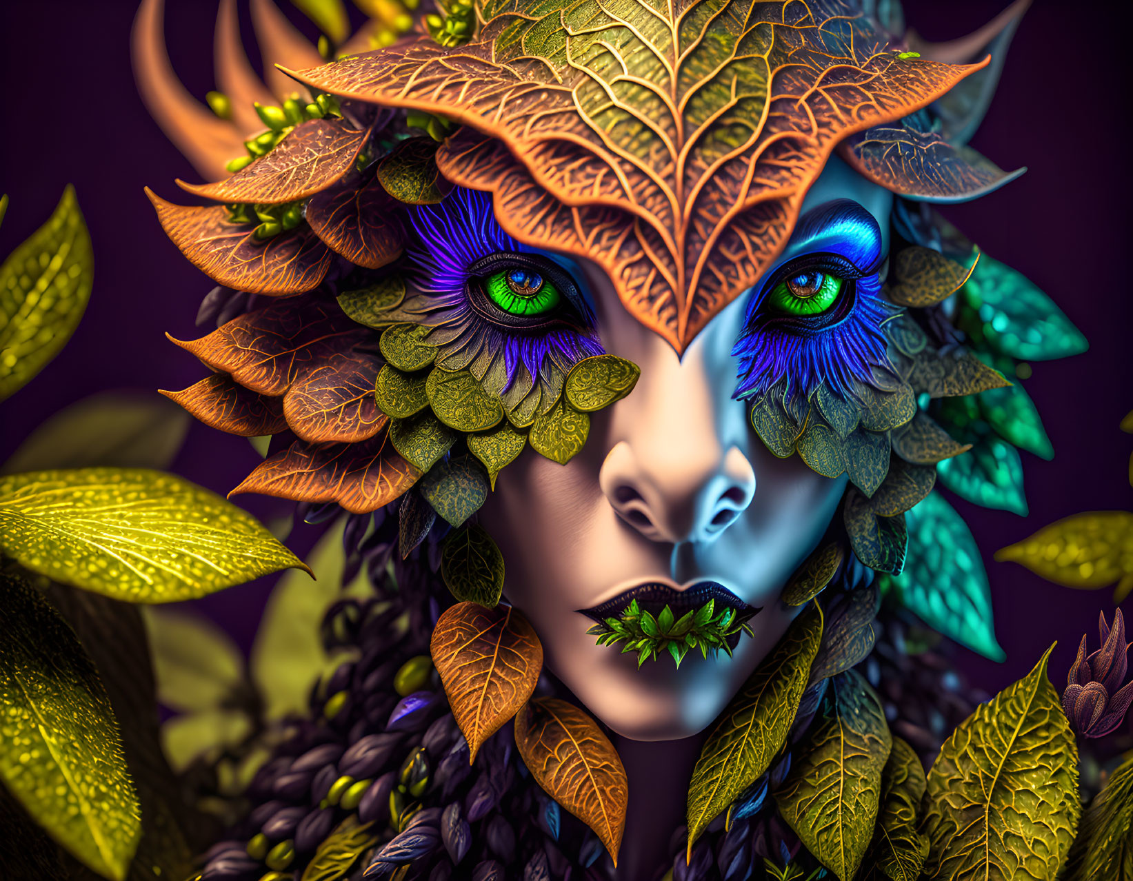 Digital artwork: Woman with leafy features & green/blue eyes