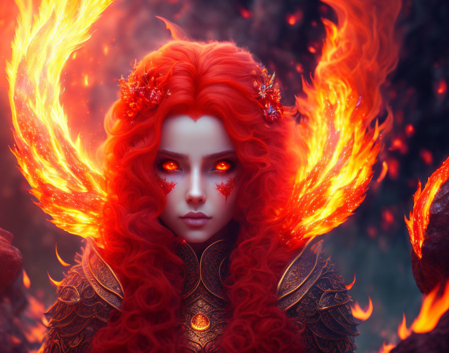 Vibrant red-haired fantasy figure in golden armor engulfed in flames