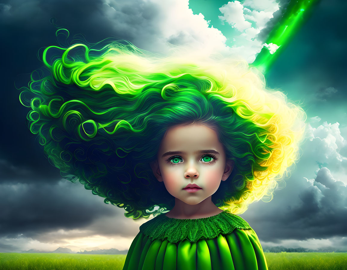 Digital Artwork: Young Girl with Green Eyes and Flowing Green Hair