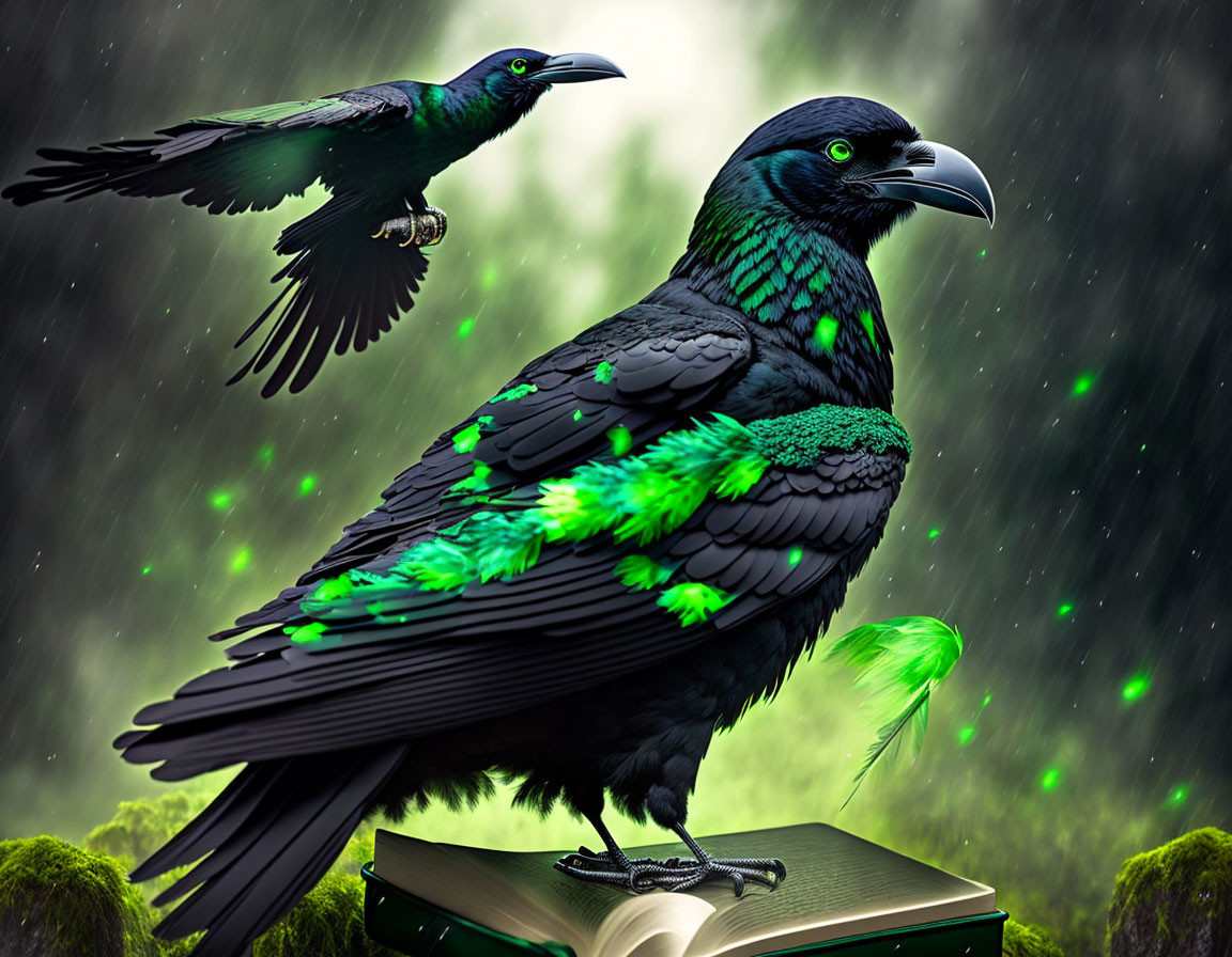 Vibrant ravens with green accents in mystical forest scene