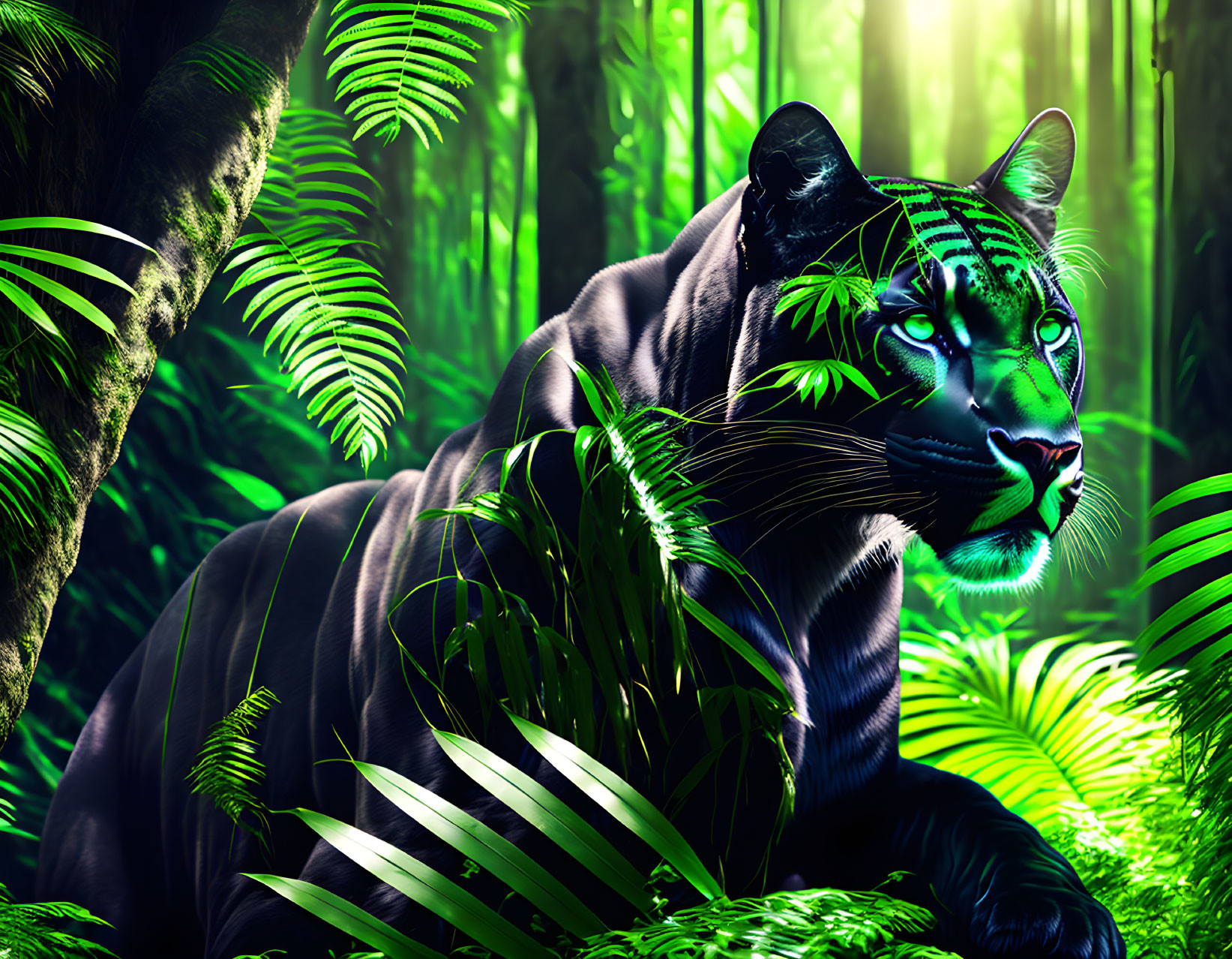 Digital artwork: Black panther with blue stripes in lush green jungle