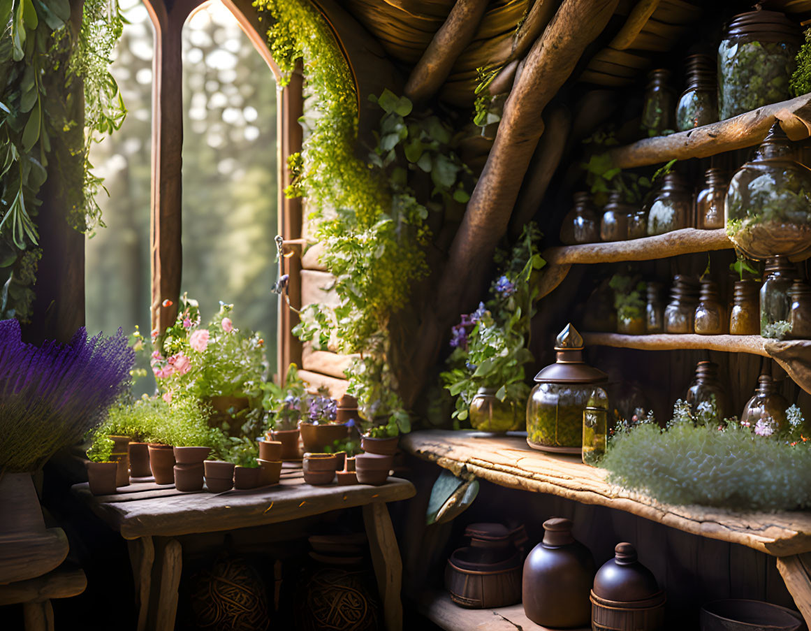 Sunlit Plant-Filled Interior with Wooden Table and Pottery