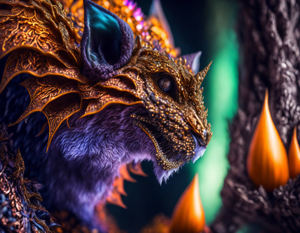 Detailed Golden Dragon with Blue Ears in Enchanted Forest