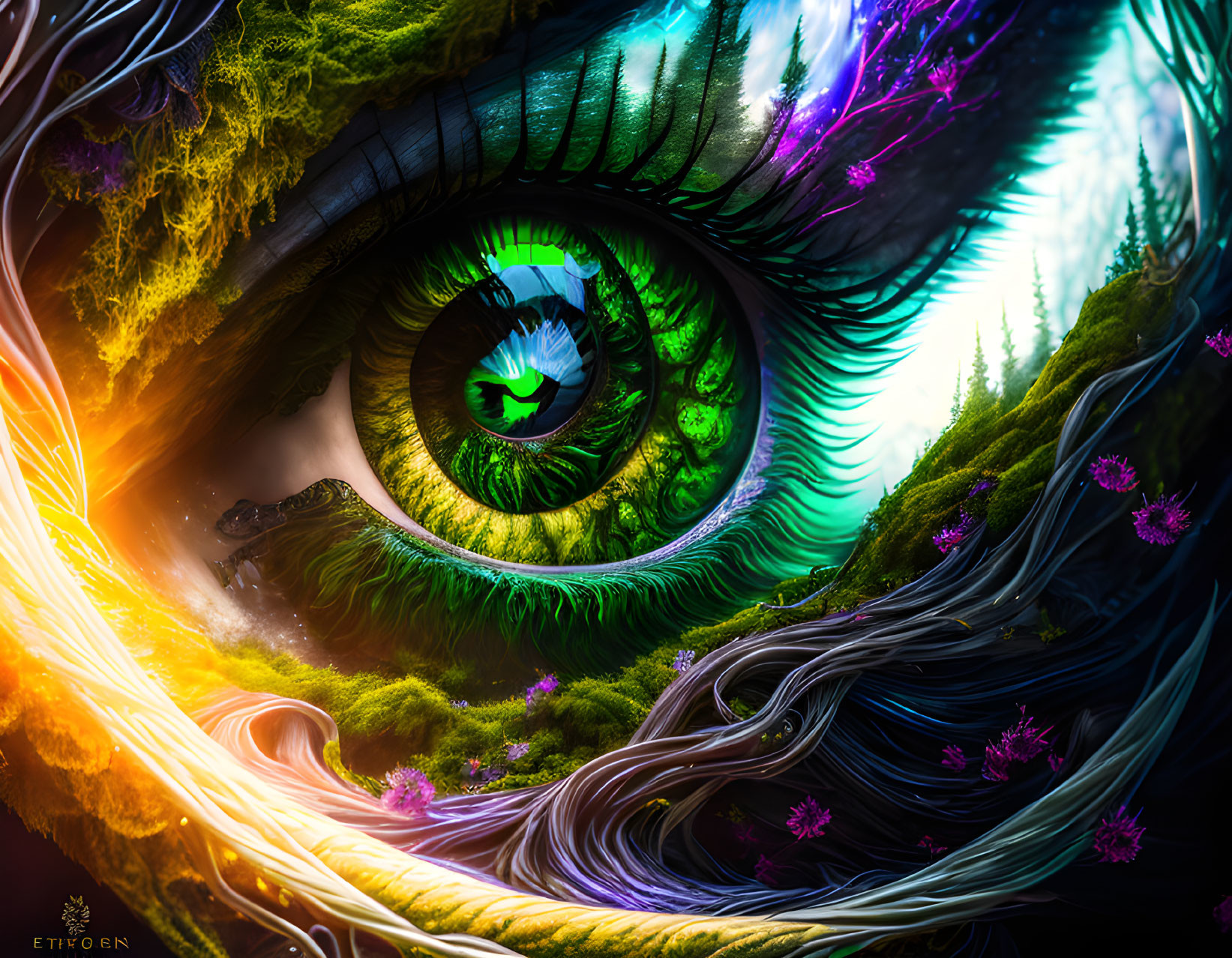 Colorful digital artwork: Eye with forest and dragon reflection