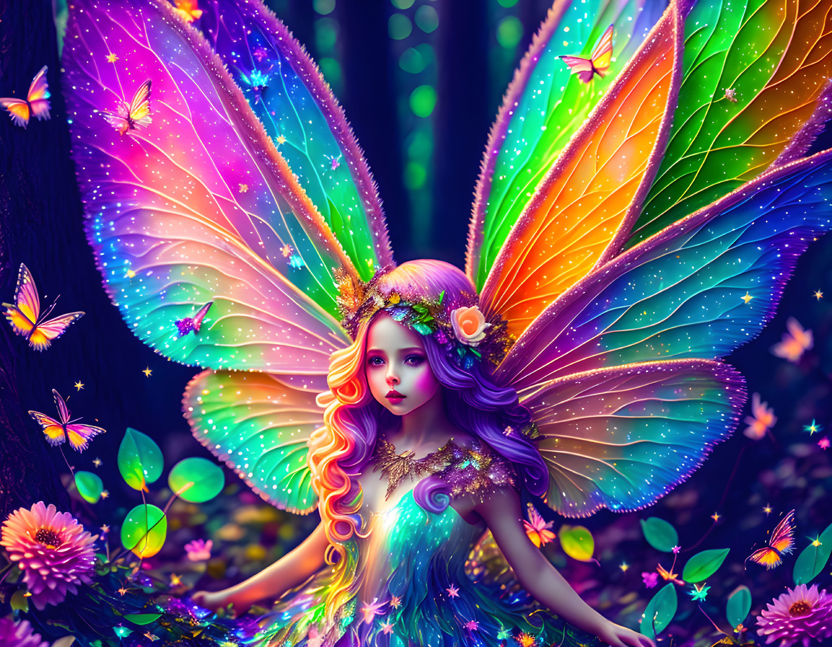 Vibrant fairy illustration in mystical forest with colorful wings