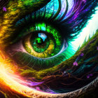 Colorful digital artwork: Eye with forest and dragon reflection