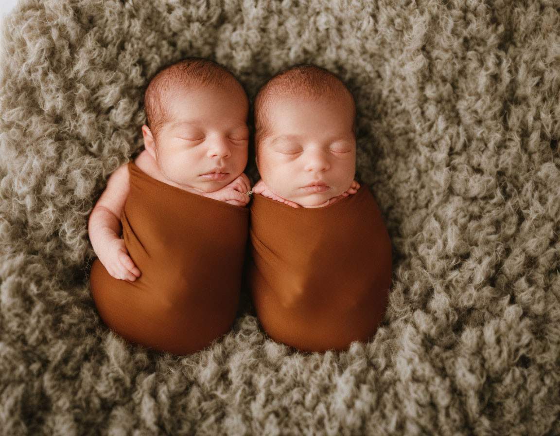 Newborn babies swaddled in brown cloth sleeping on gray blanket
