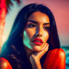 Dark-haired woman with thoughtful expression on tropical beach at sunset