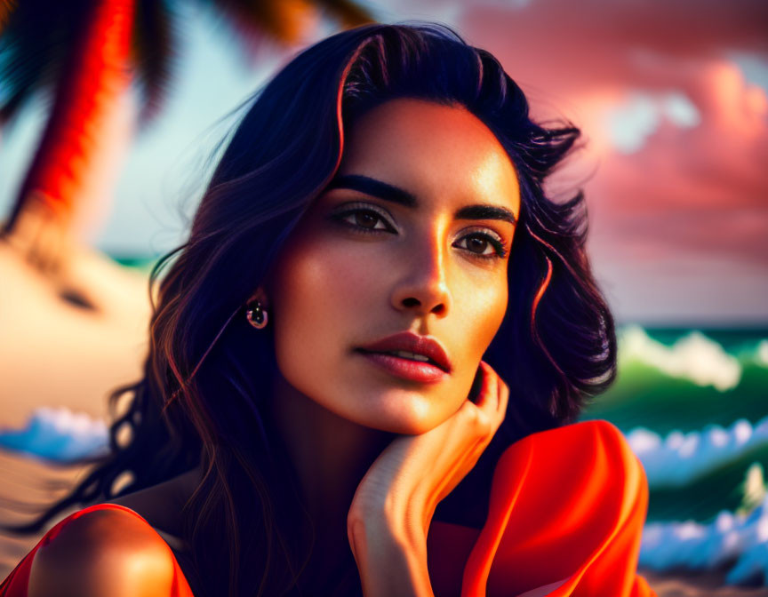 Dark-haired woman with thoughtful expression on tropical beach at sunset