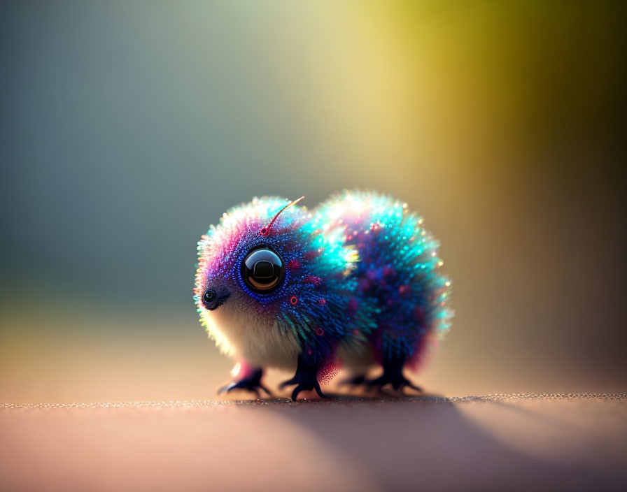 Fluffy Creature with Big Eye and Iridescent Fur in Warm Light