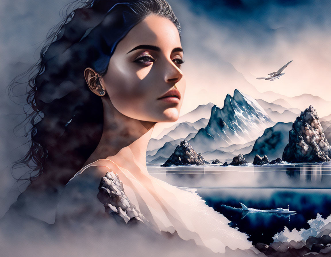 Woman merging with snowy mountain landscape and flying bird in surreal portrait