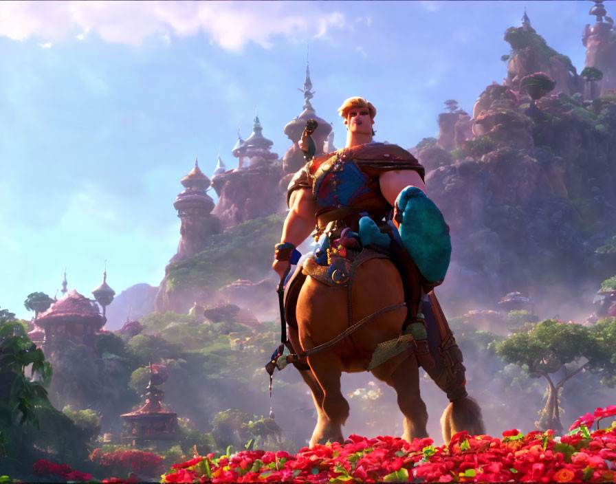 Animated character riding a horse in a field of red flowers with fantastical towers and clear sky.