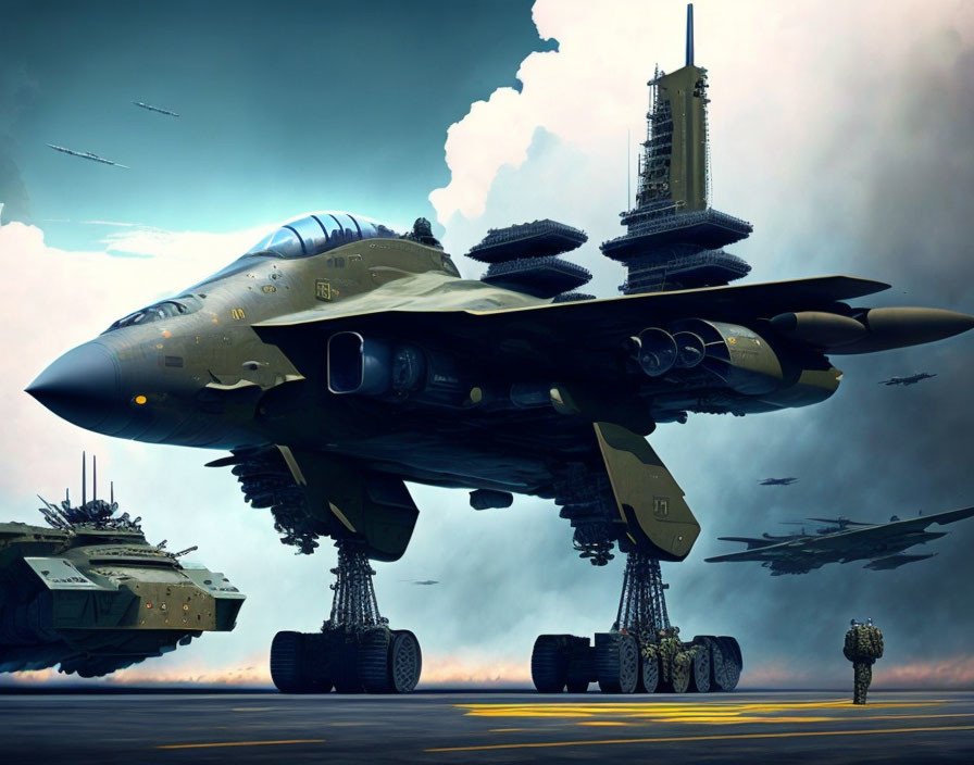 Futuristic military scene with jet, tanks, and mega-structures