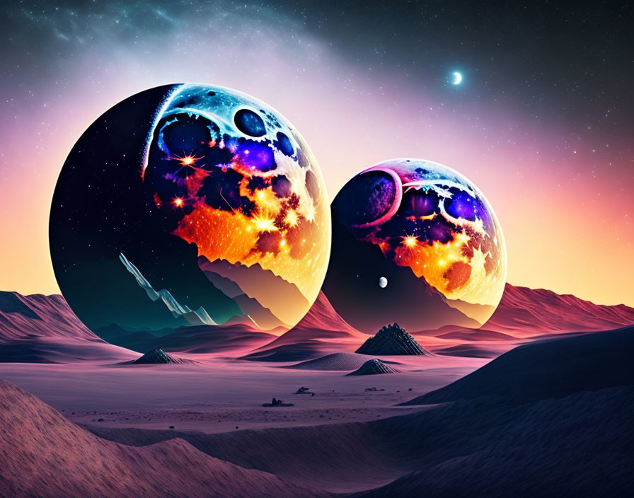 Fiery planets in surreal desert landscape with spaceship orbiting