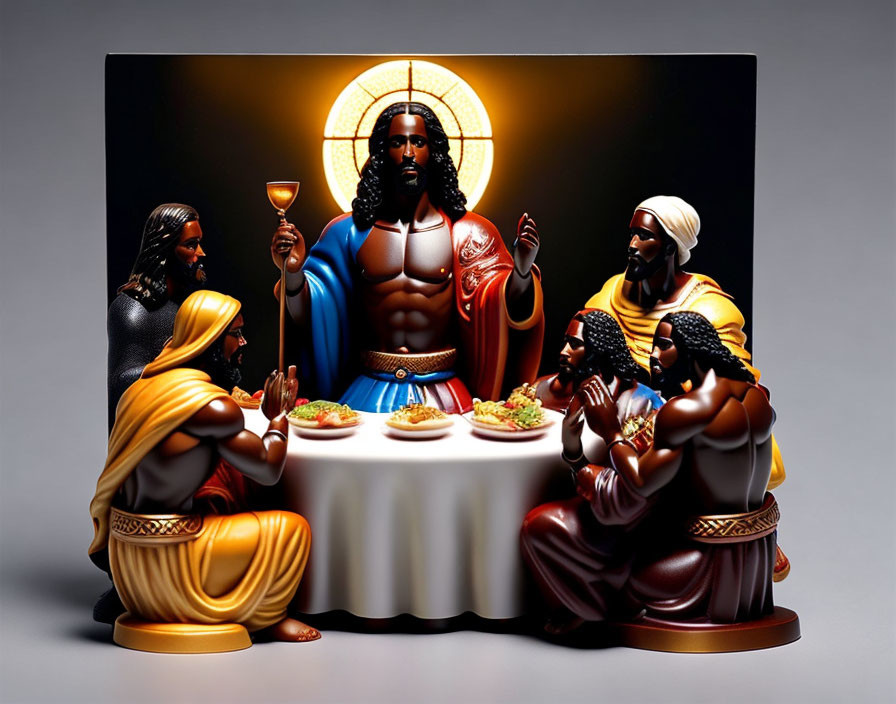 Stylized Last Supper scene with action figure-like characters and central figure holding a chalice