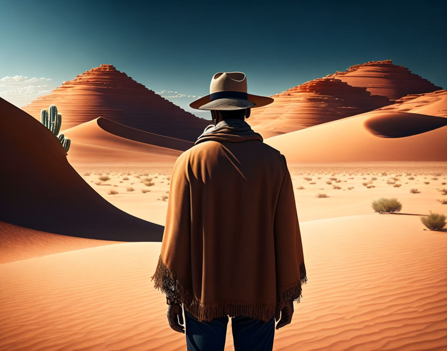 Cowboy in hat and poncho amidst desert dunes and cactus