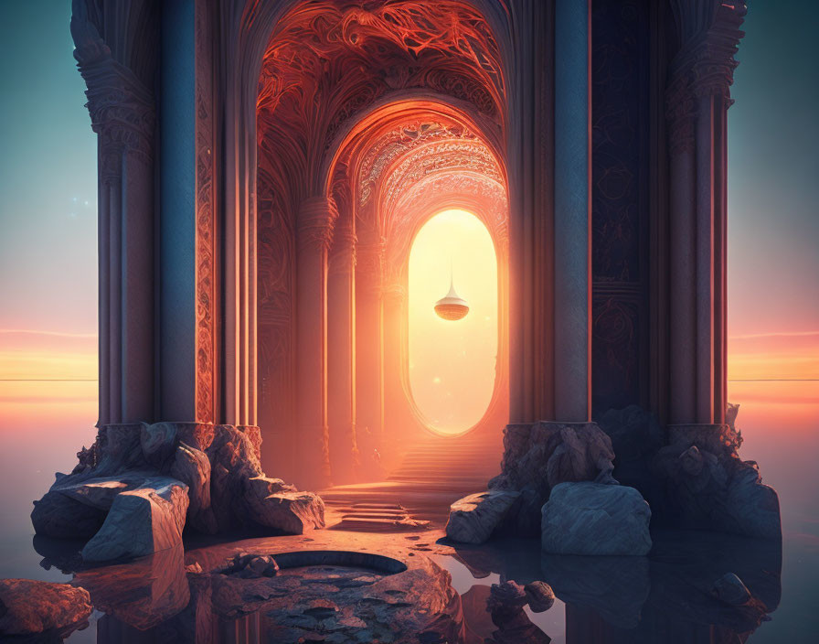 Ethereal scene with ornate pillars, arches, glowing doorway, sunset sky, rocks,