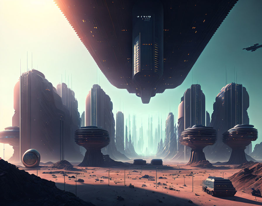 Futuristic desert landscape with hovering spaceship and flying craft