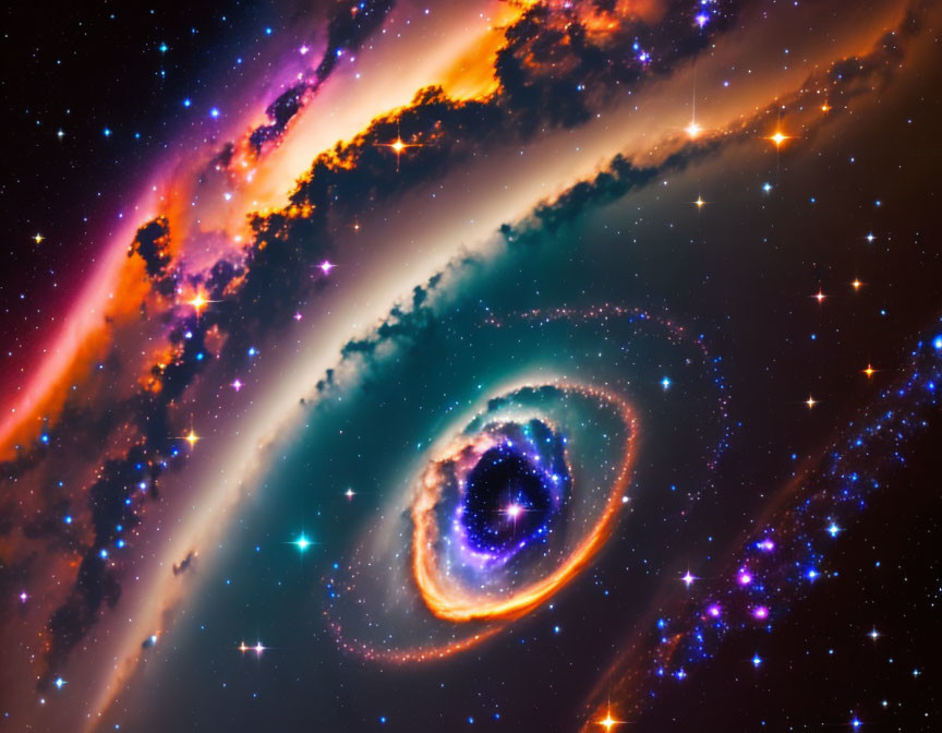 Swirling galaxy with bright stars and colorful nebulas.