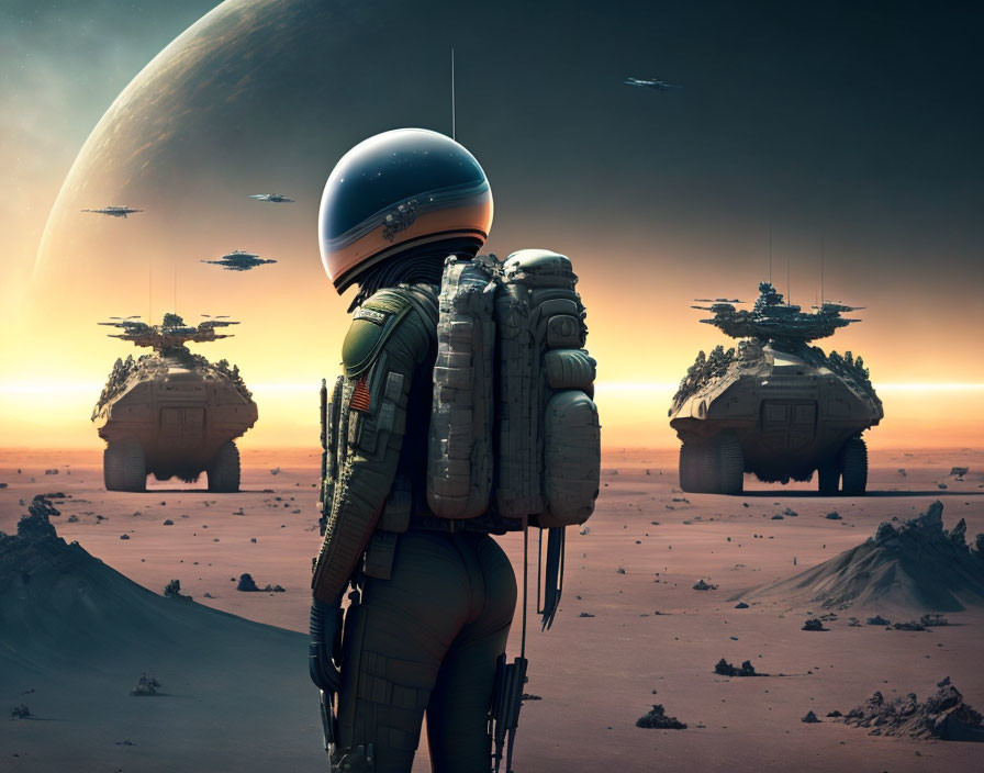 Astronaut on alien desert planet with hovering spacecrafts and giant planet horizon