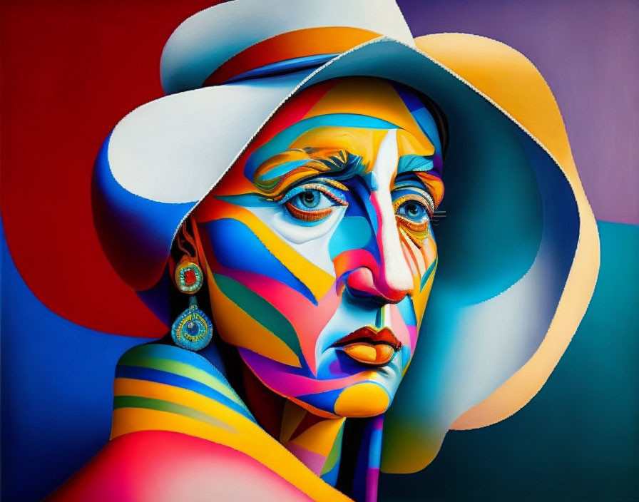 Colorful geometric portrait with white hat on blue and red background