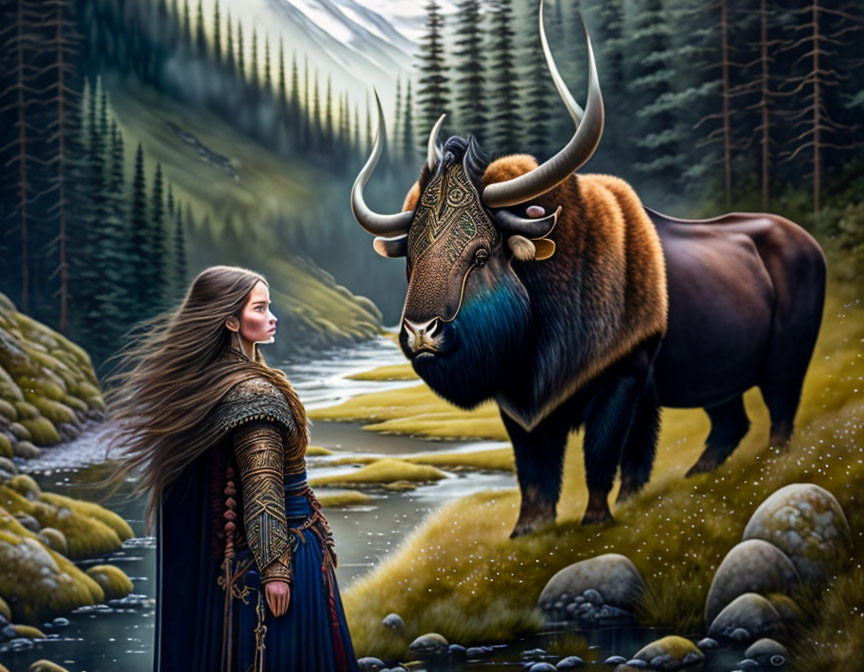 Medieval woman encounters majestic yak in serene mountain valley.