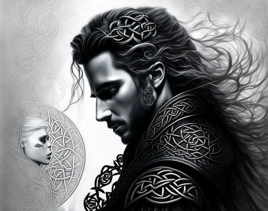 Monochromatic artistic illustration of man with long hair and beard and Celtic patterns