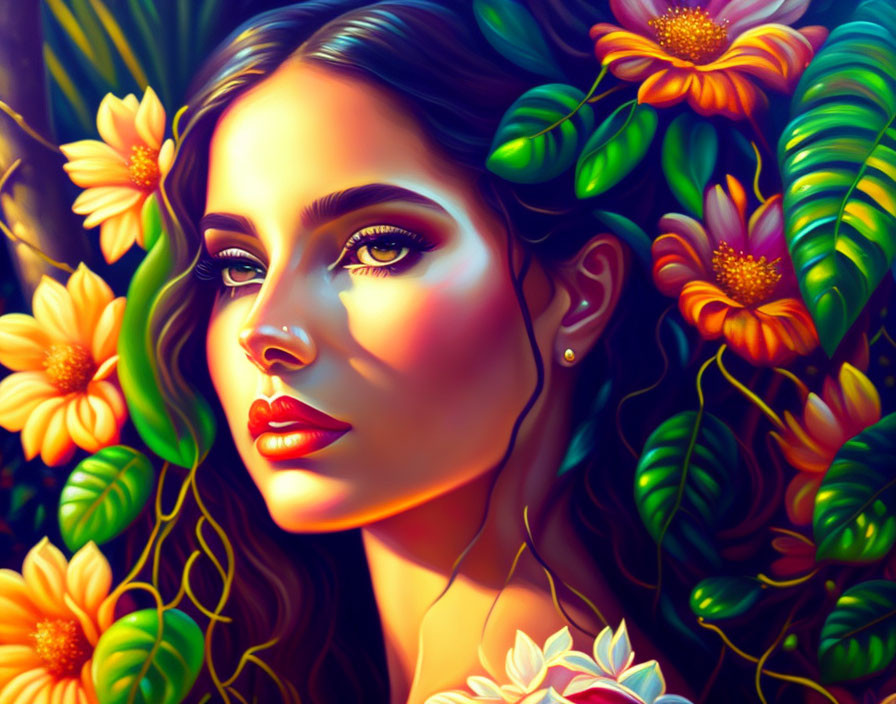 Colorful portrait of woman with lustrous hair and striking eyes in floral setting