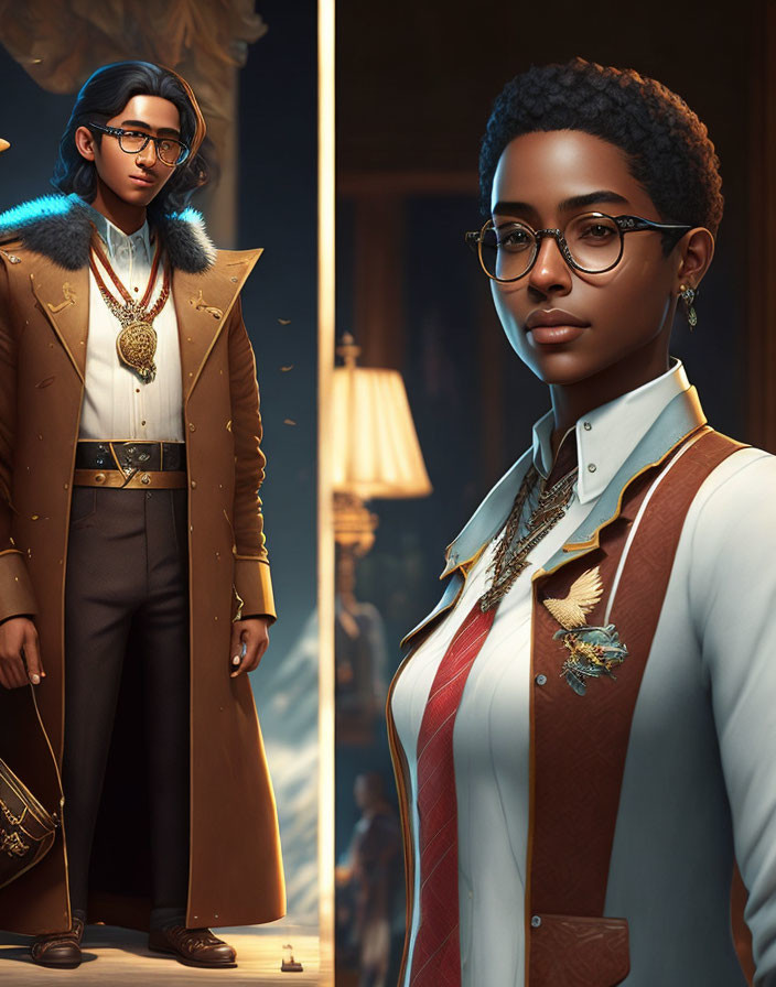 Steampunk-inspired animated characters in elegant attire