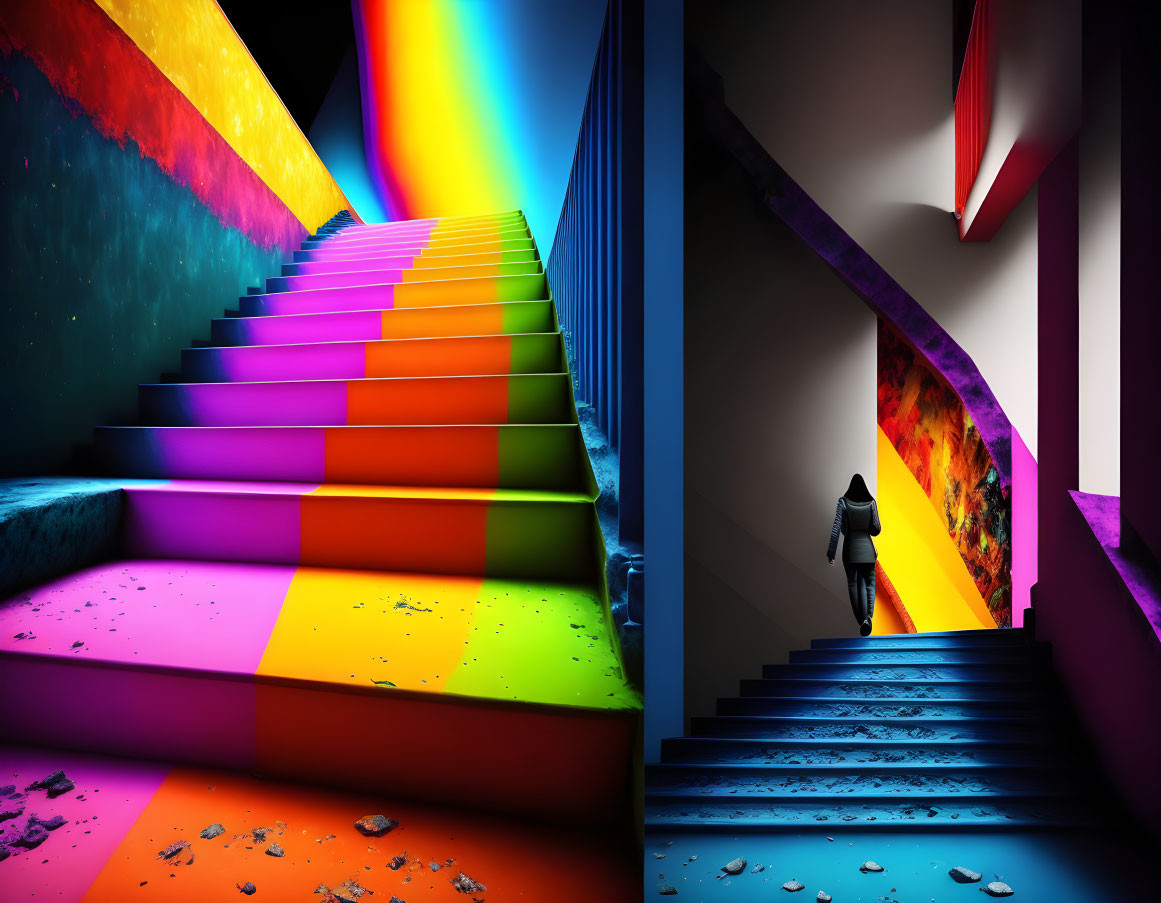 Colorful Rainbow-Lit Staircase vs. Dark Blue-Toned Staircase with Lone Figure