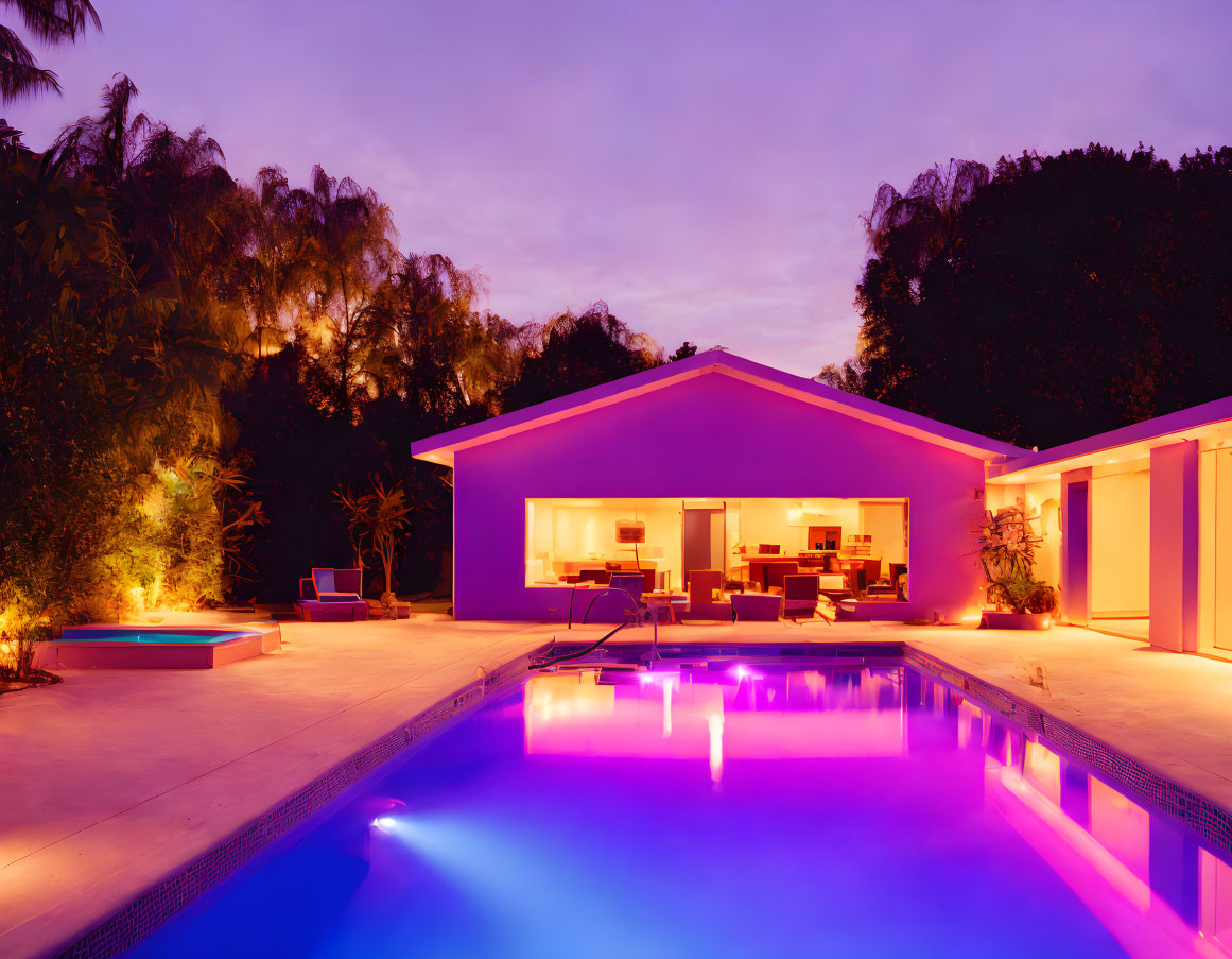 Modern House with Illuminated Interiors and Poolside Lights at Twilight